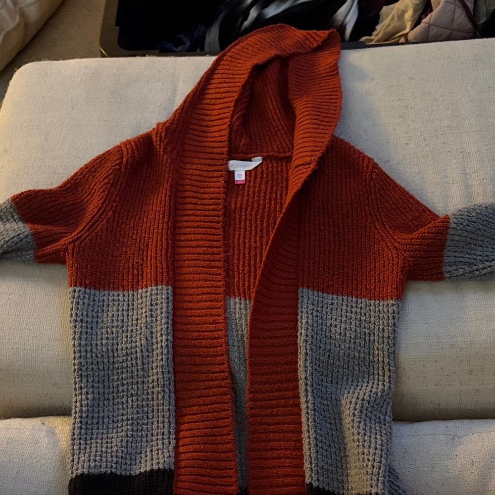 No Boundaries Hooded Colorblock Cardigan - Rust and Gray